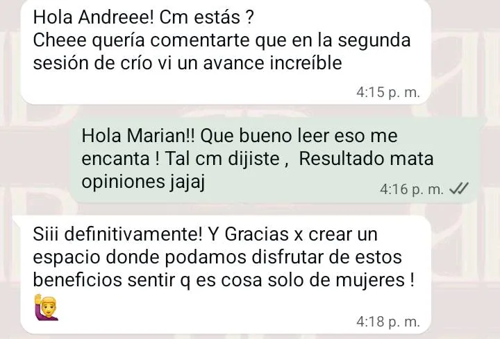 Mensaje de una clienta: en la segunda sesión vio un avance increíble y agradece tener un espacio donde disfrutar de estos beneficios.